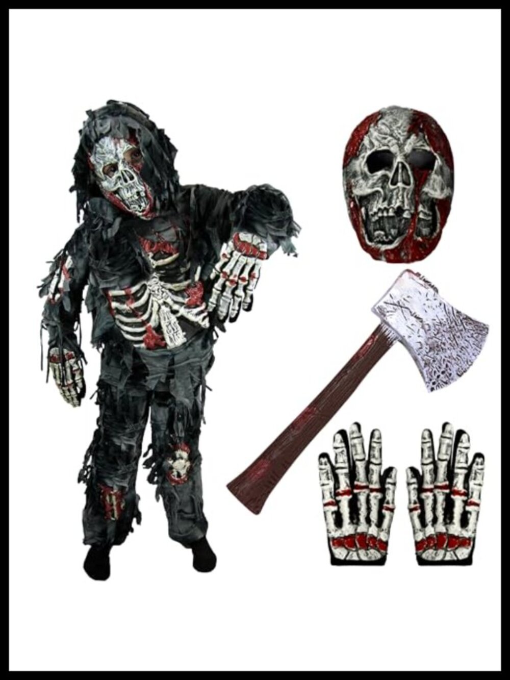 Kids Zombie Halloween Costume 5-Piece Set with Mask and Axe